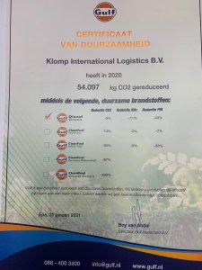 Certificaat van duurzaamheid Klomp International Logistics B.V.